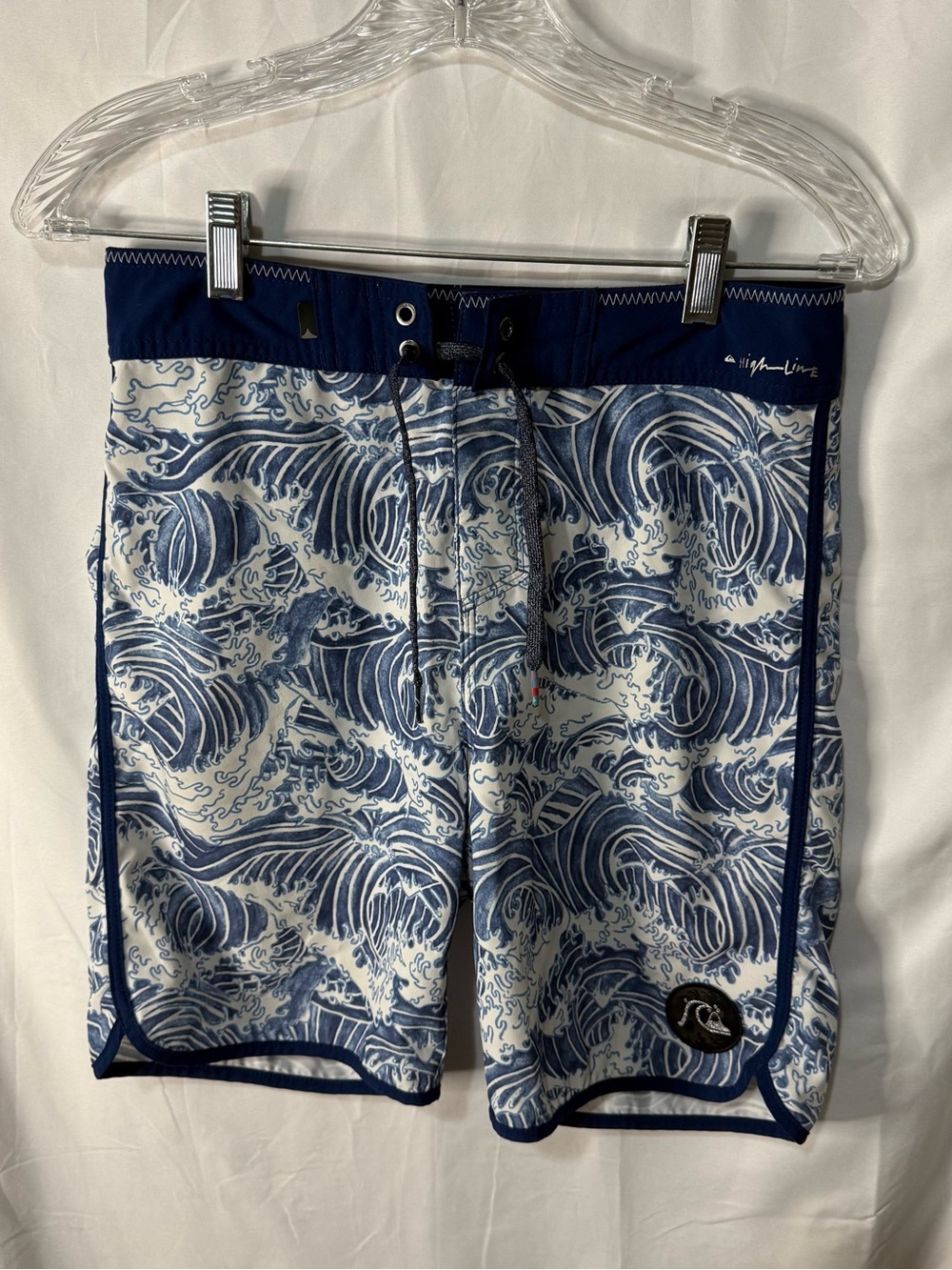Quiksilver Navy and White Wave-Print Board Shorts